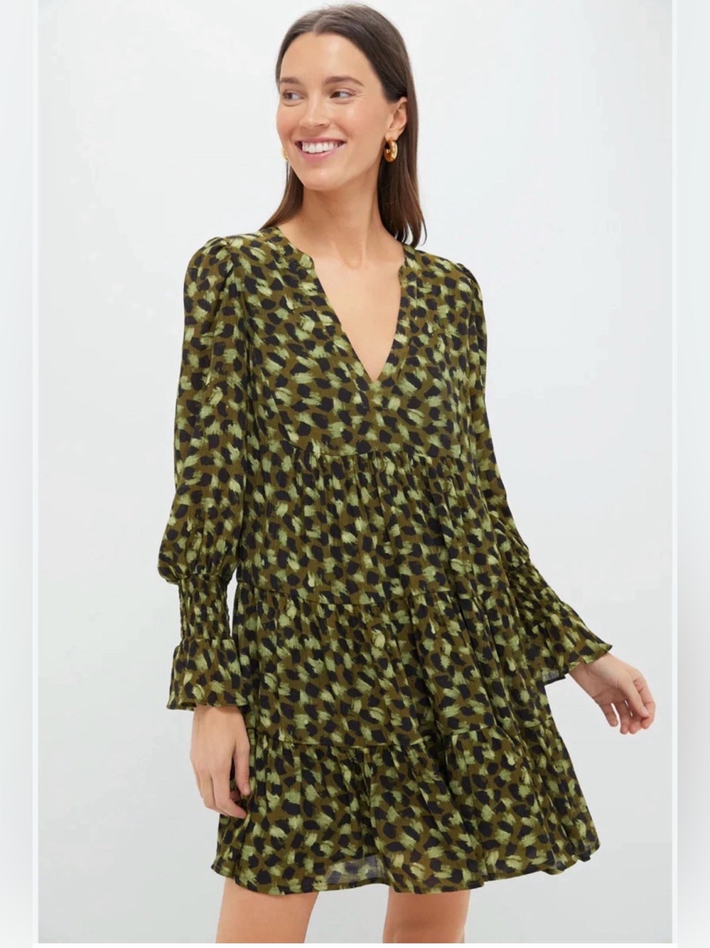 Pomander Place Olive and Black Printed Tiered V-Neck Mini Dress